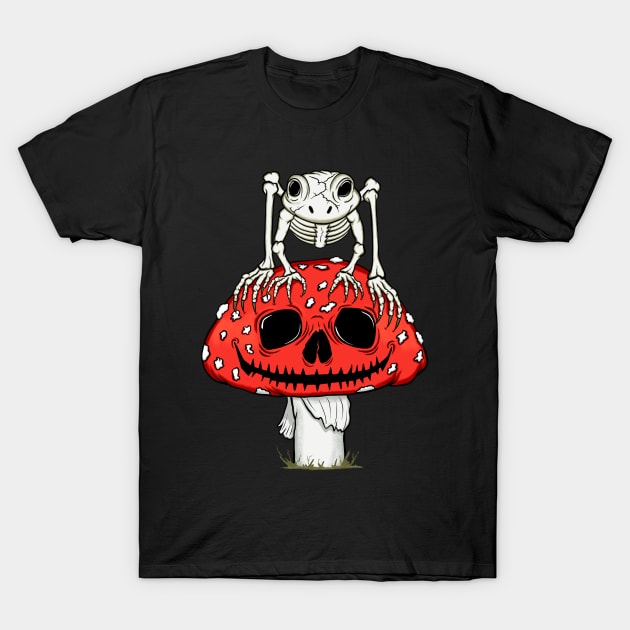 Cottagecore Skeleton Frog Skull Mushroom Goth Halloween T-Shirt by August Design